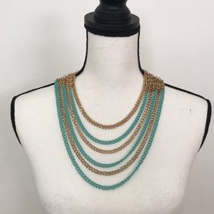 Gold tone & turquoise metal chain necklace 19”